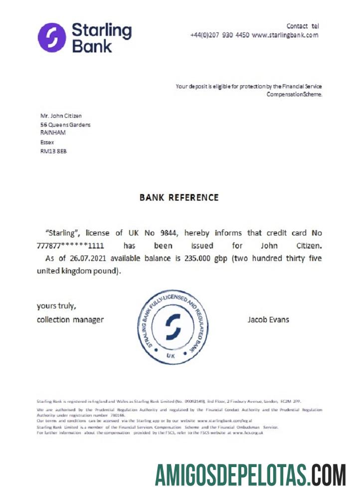 Referência do Starling Bank do Reino Unido exemplo real